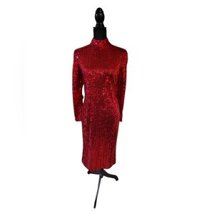 Vtg 80s red sequined disco dress with keyhole back